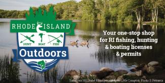 Rhode Island Outdoors logo over a pond scene with geese