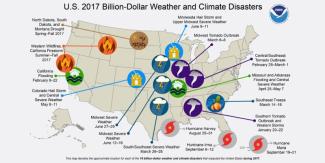 map highlighting billion dollar weather disasters in the US