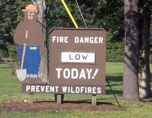 sign with smokey the bear that says fire danger is low today