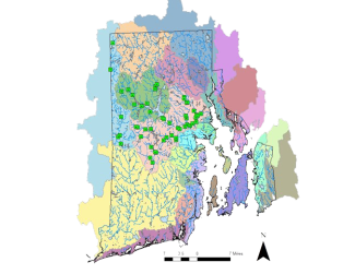 Colorful map of Rhode Island that shows locations of watershed monitoring activities