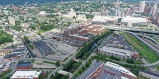 An aerial view of Providence that shows how the interstate physically divides the city