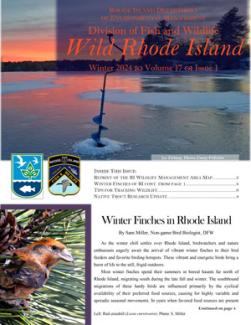 Cover of Wild RI Winter Edition showing a frozen pond with an ice fishing drill and another photo of a red and black winter finch